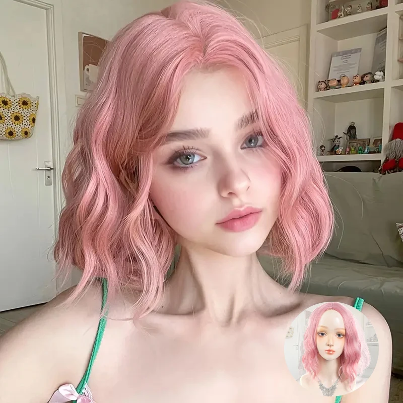 14Inch Pink Wig for Women Short Wavy Pastel Pink Wigs with Lace Shoulder Length Middle Part Curly Wavy  Wig
