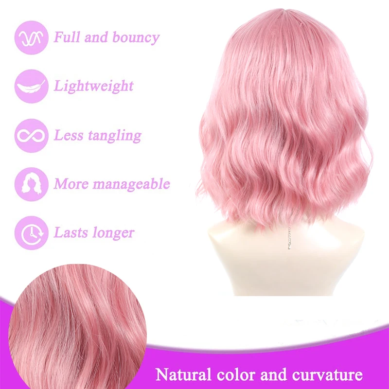 14Inch Pink Wig for Women Short Wavy Pastel Pink Wigs with Lace Shoulder Length Middle Part Curly Wavy  Wig thumbnail 4