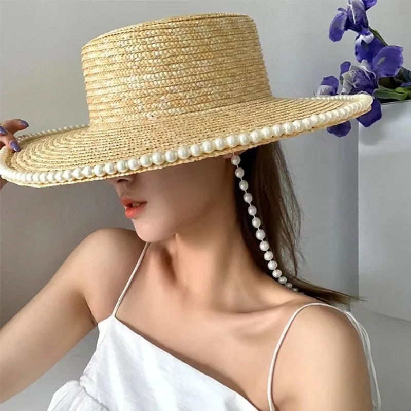 Wheat Straw Sun Hat For Women Summer Pearl Wide Brim Floppy Panama Fishermen Hats Female Lady Outdoor Foldable Beach Sun Caps