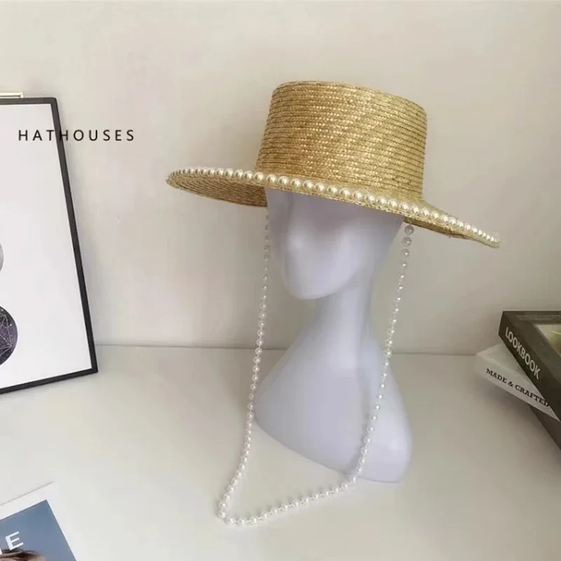Wheat Straw Sun Hat For Women Summer Pearl Wide Brim Floppy Panama Fishermen Hats Female Lady Outdoor Foldable Beach Sun Caps thumbnail 3