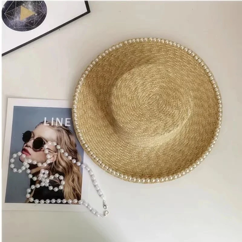 Wheat Straw Sun Hat For Women Summer Pearl Wide Brim Floppy Panama Fishermen Hats Female Lady Outdoor Foldable Beach Sun Caps thumbnail 4