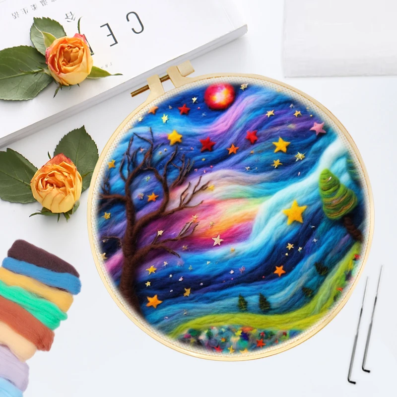 CHENISTORY DIY Wool Embroidery Kit Creative DIY Landscape Wool Needle Felt With 20x20cm Frame Picture Kit Craft Painting Flower thumbnail 2