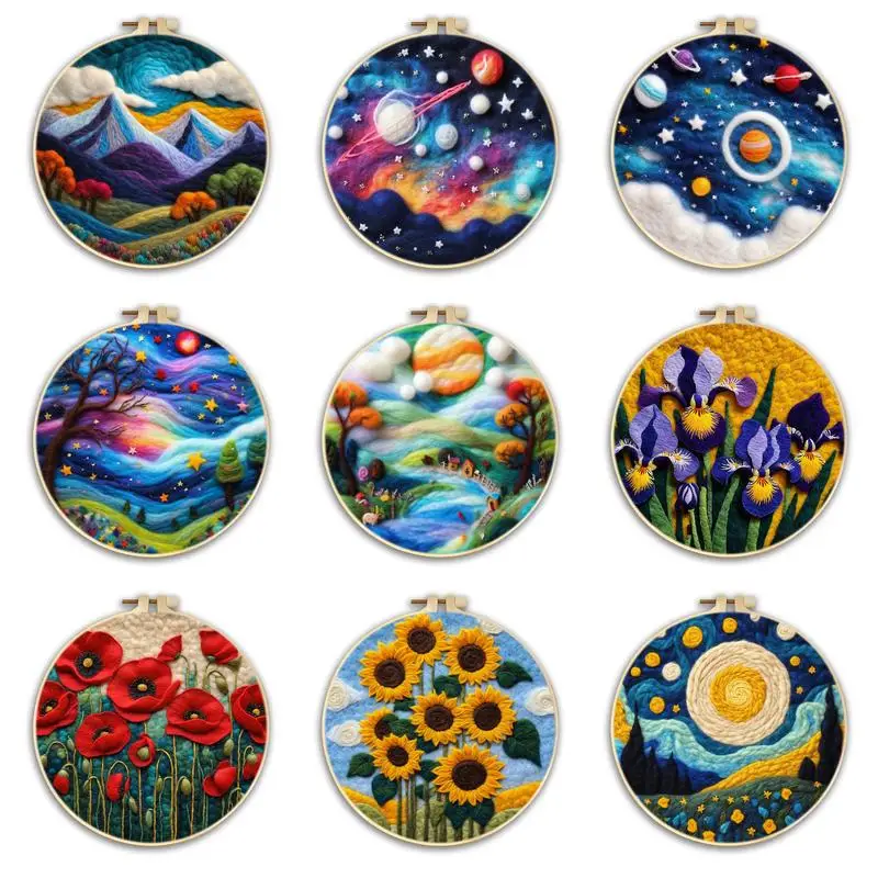 CHENISTORY DIY Wool Embroidery Kit Creative DIY Landscape Wool Needle Felt With 20x20cm Frame Picture Kit Craft Painting Flower