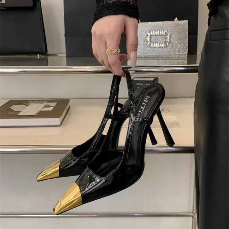 Women's High-heeled Sandals Summer New Metal square Head Patent Leather Black Stiletto Pumps Sexy Party SlingBack Shoes thumbnail 6