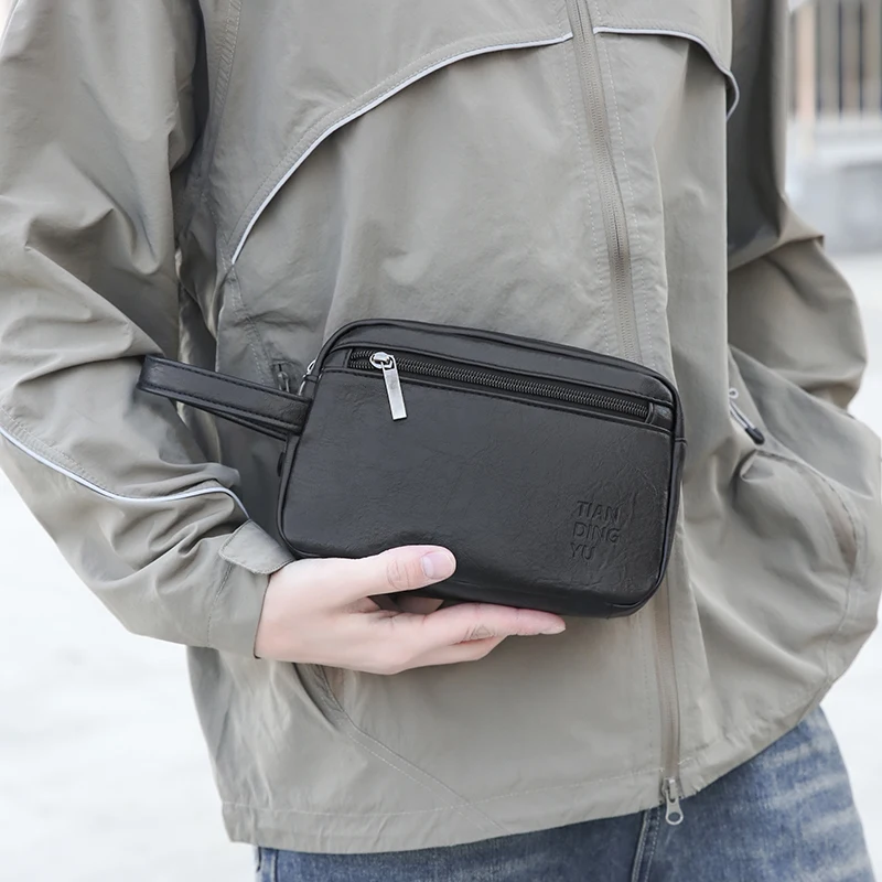 Men Fashion PU Leather Mobile Phone Wristlet Bag Pure Color Small Handbags Anti-theft Wallet Card Bag Lightweight Daily Hand Bag