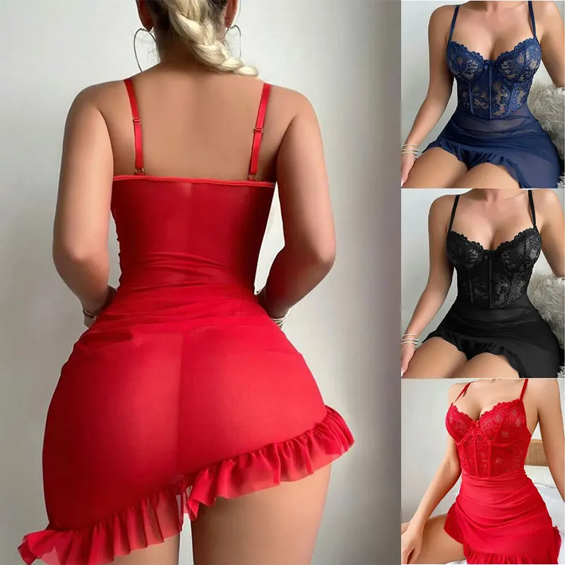 Transparent Underwire Bra Erotic Set Sexy Fairy Lingerie Women's See Through Lace Nightdress Pajamas Sets Delicate Sexy Nighty thumbnail 2