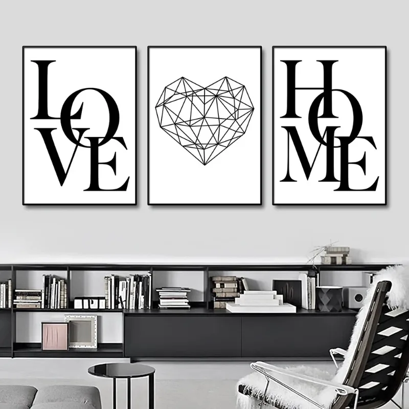 3pcs Love Home Diamond Heart Letter Canvas Prints Nordic Modern Living Room Wall Art Black White Decorative Paintings Home Decor thumbnail 2