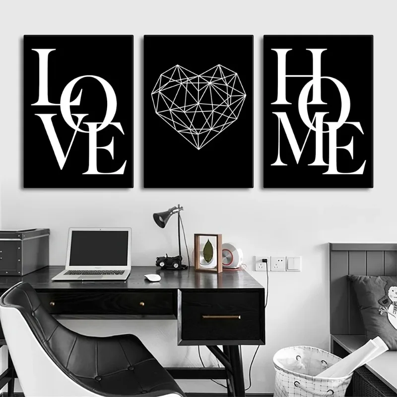 3pcs Love Home Diamond Heart Letter Canvas Prints Nordic Modern Living Room Wall Art Black White Decorative Paintings Home Decor thumbnail 3