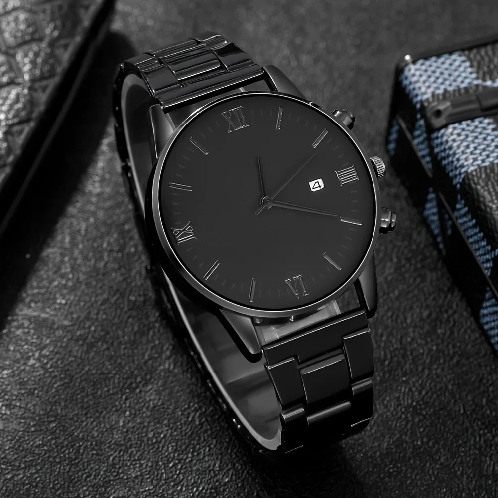 4-piece/set men's black minimalist quartz watch set with bracelet, necklace, and ring - thumbnail 6