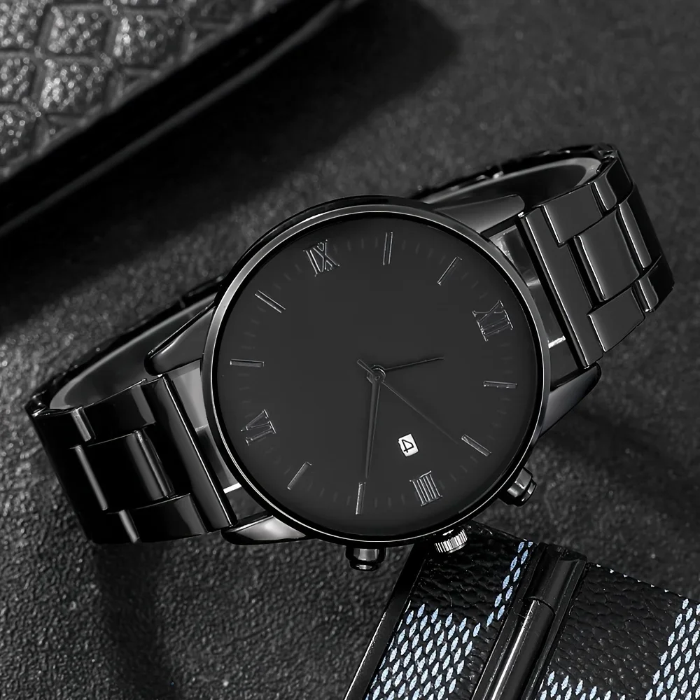 4-piece/set men's black minimalist quartz watch set with bracelet, necklace, and ring - thumbnail 2