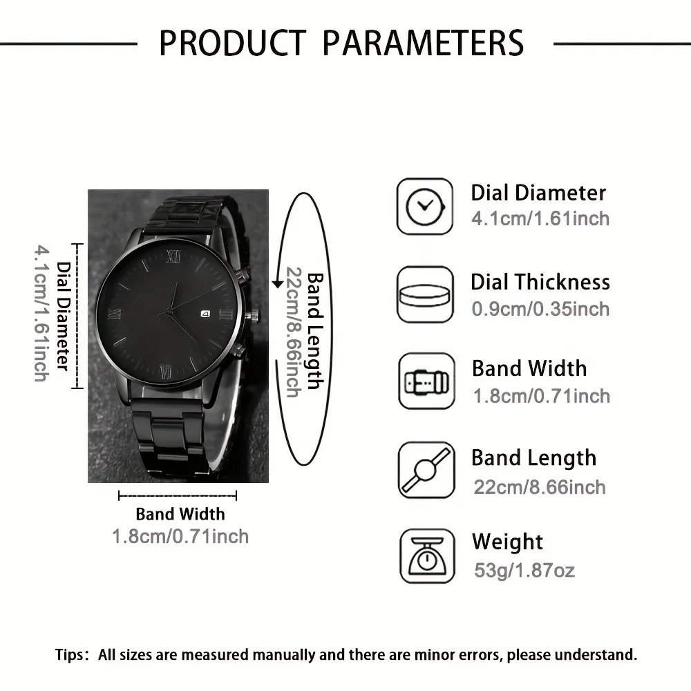 4-piece/set men's black minimalist quartz watch set with bracelet, necklace, and ring - thumbnail 4