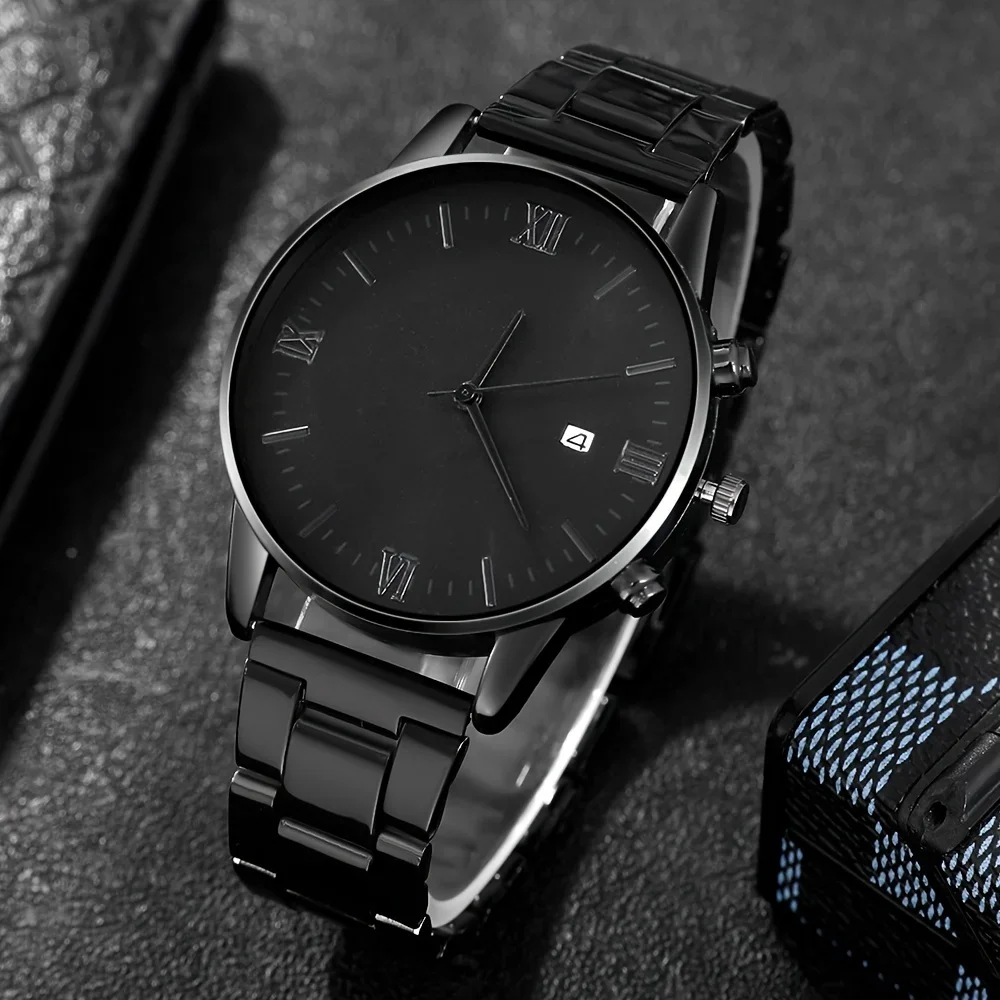 4-piece/set men's black minimalist quartz watch set with bracelet, necklace, and ring - thumbnail 5