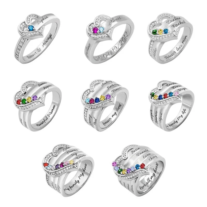 Personalized 1-8 Birthstone Rings for Women Customized Engraved Name Rings for Her Custom Cubic Zirconia Stones Heart Rings Gift thumbnail 3