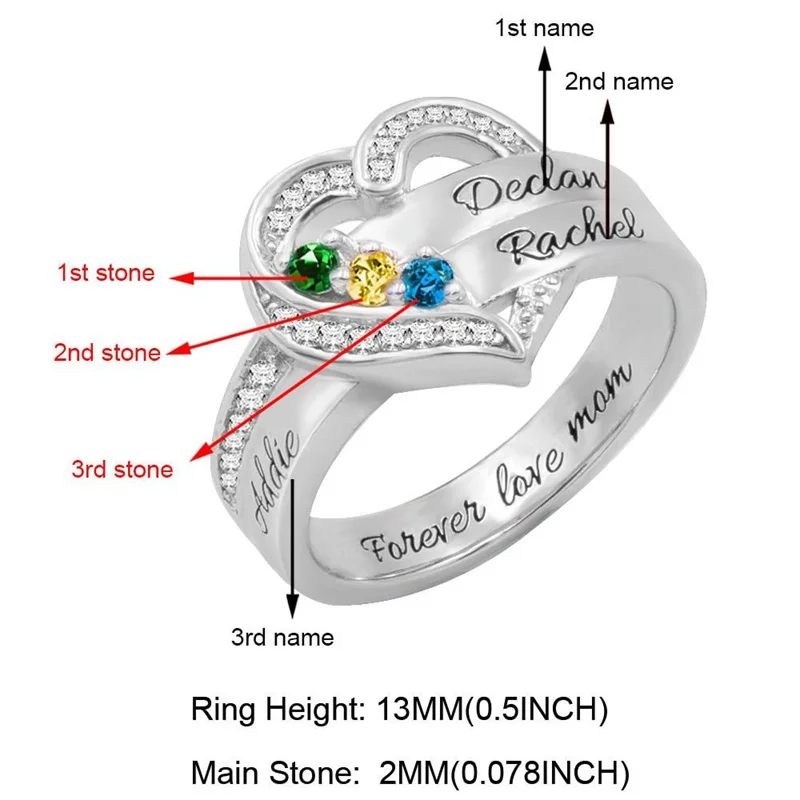 Personalized 1-8 Birthstone Rings for Women Customized Engraved Name Rings for Her Custom Cubic Zirconia Stones Heart Rings Gift thumbnail 4
