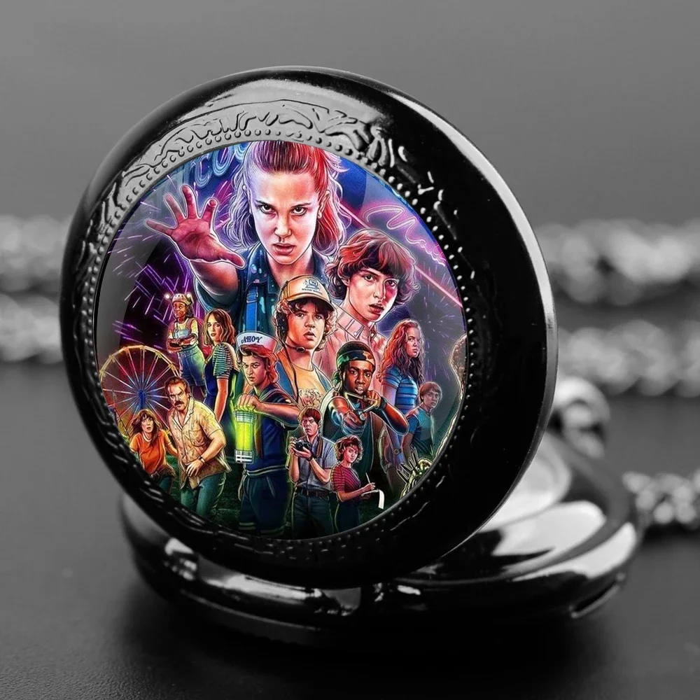 Famous Teleplay Design Personalized Character Set Black Dome Glass Quartz Pocket Watch Men Women Necklace Pendant Clock Gifts