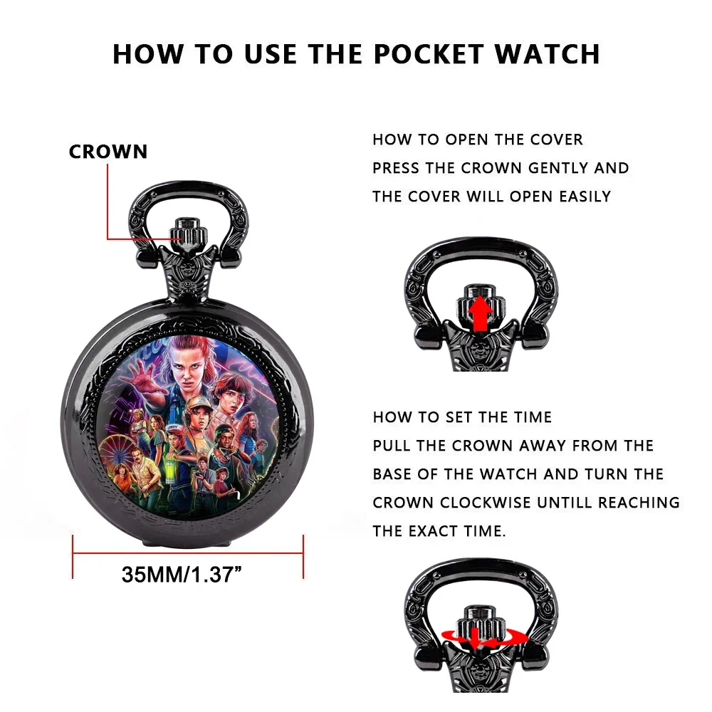 Famous Teleplay Design Personalized Character Set Black Dome Glass Quartz Pocket Watch Men Women Necklace Pendant Clock Gifts thumbnail 6