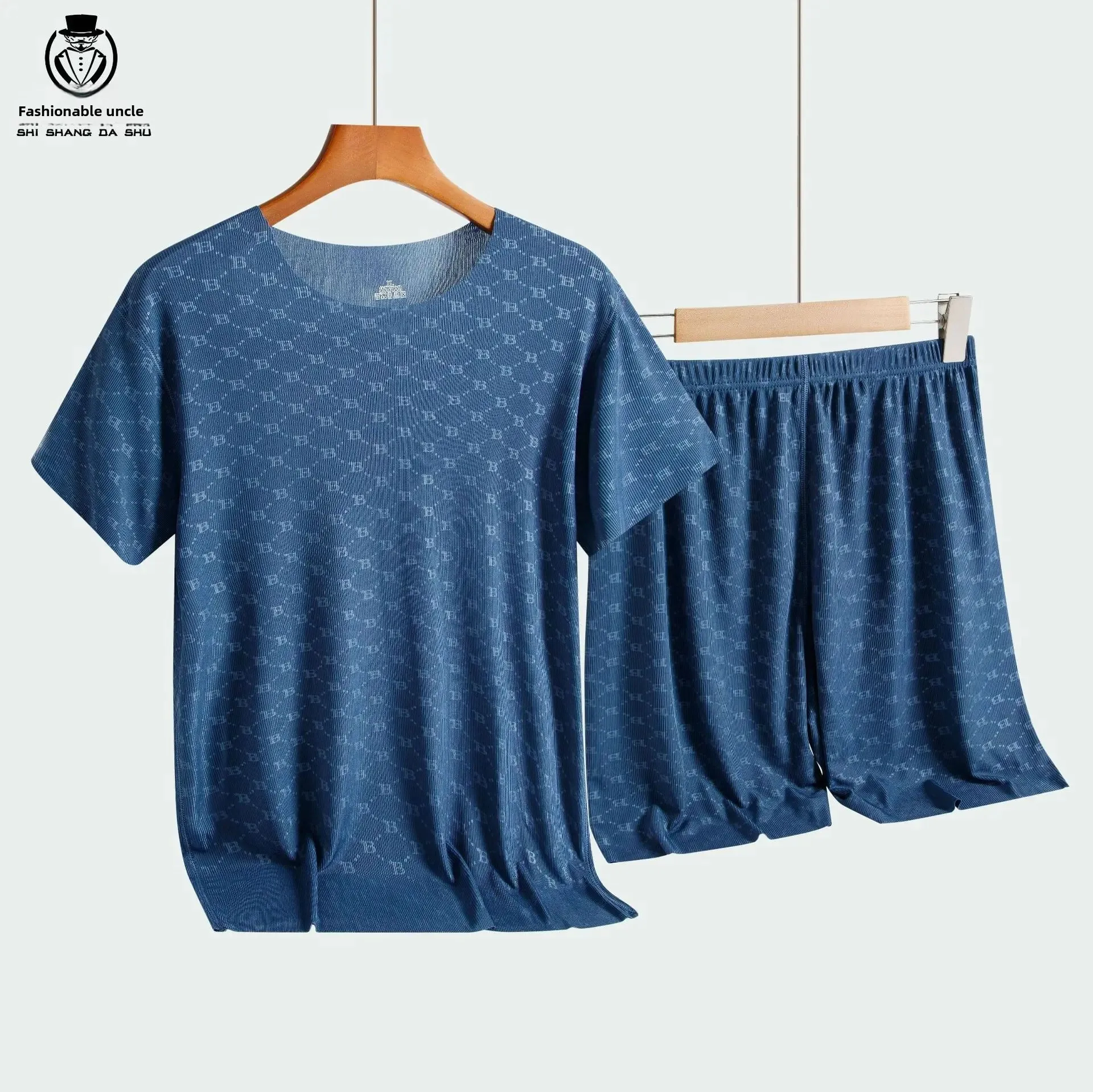 Summer Men's Home Clothes Ice Silk T-shirt Short Sleeve Modal Casual Nightgown Thin Model Set Sleepwear Comfortable Breathable