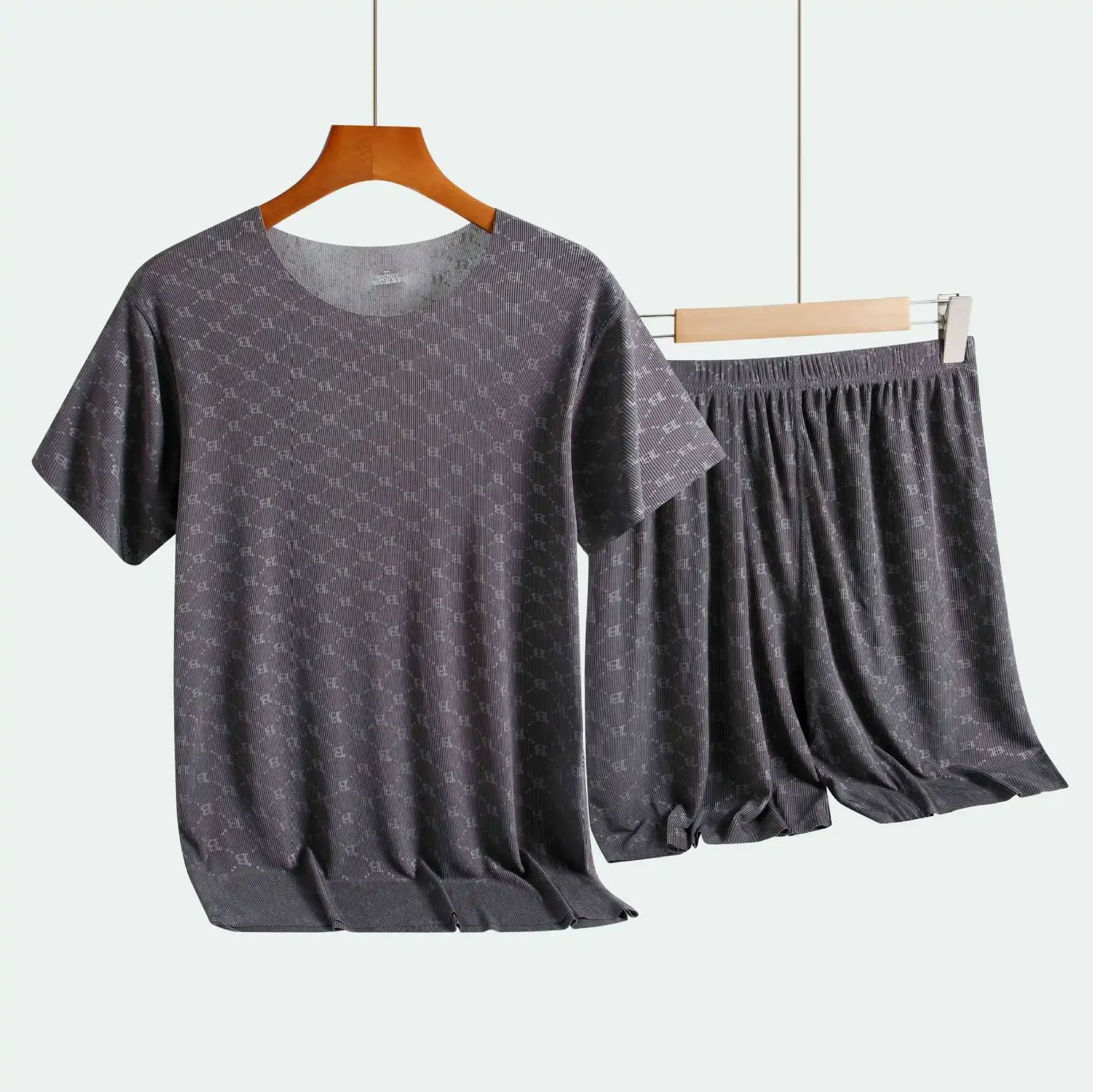 Summer Men's Home Clothes Ice Silk T-shirt Short Sleeve Modal Casual Nightgown Thin Model Set Sleepwear Comfortable Breathable thumbnail 3