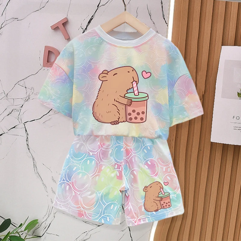 Capybara Summer Clothing Sets for Baby Girl Outfits Cute Print Tie-dye Smlie Tees Children's Short Sleeve T Shirt Shorts 2pcs