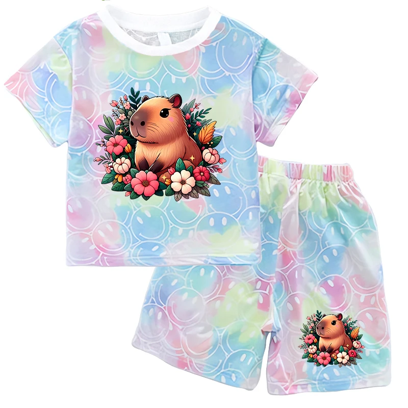 Capybara Summer Clothing Sets for Baby Girl Outfits Cute Print Tie-dye Smlie Tees Children's Short Sleeve T Shirt Shorts 2pcs thumbnail 4