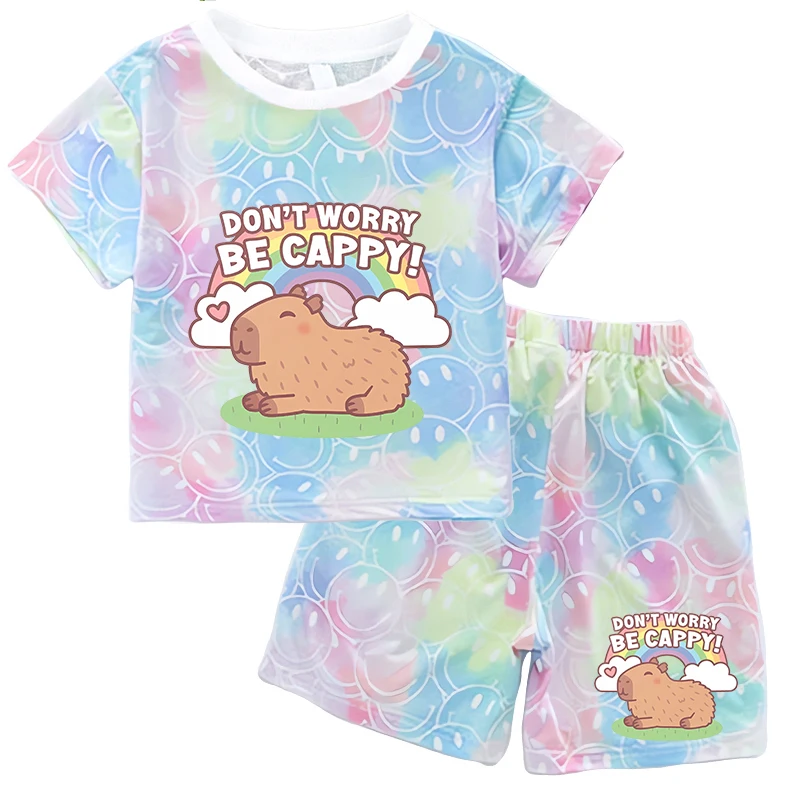 Capybara Summer Clothing Sets for Baby Girl Outfits Cute Print Tie-dye Smlie Tees Children's Short Sleeve T Shirt Shorts 2pcs thumbnail 2