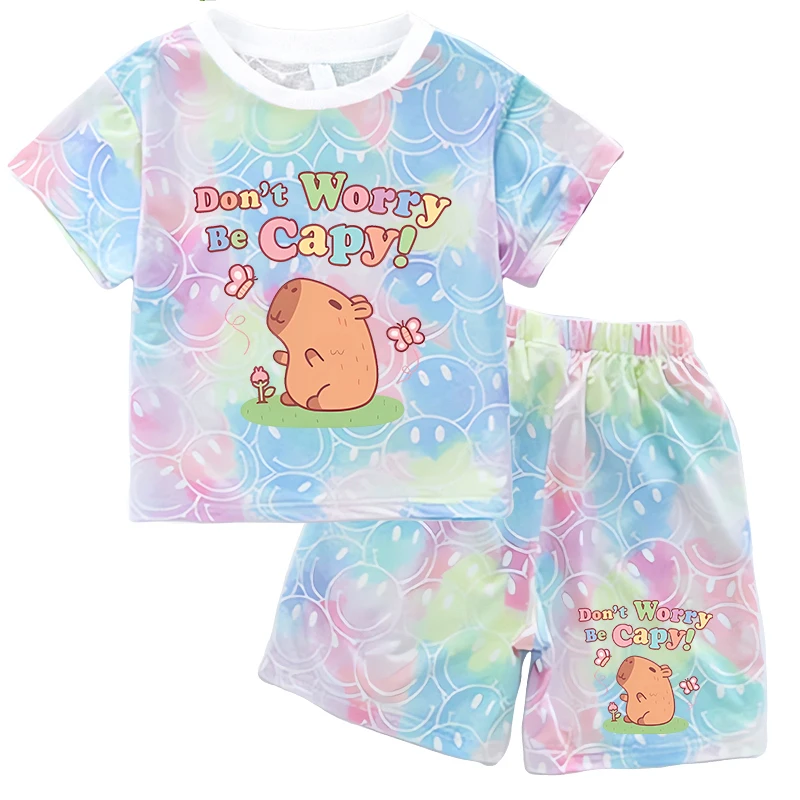 Capybara Summer Clothing Sets for Baby Girl Outfits Cute Print Tie-dye Smlie Tees Children's Short Sleeve T Shirt Shorts 2pcs thumbnail 6