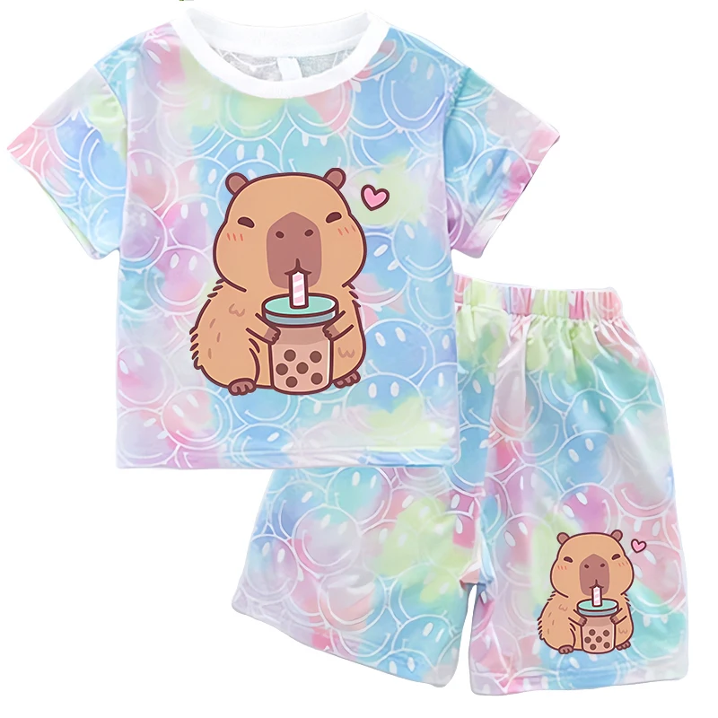 Capybara Summer Clothing Sets for Baby Girl Outfits Cute Print Tie-dye Smlie Tees Children's Short Sleeve T Shirt Shorts 2pcs thumbnail 3
