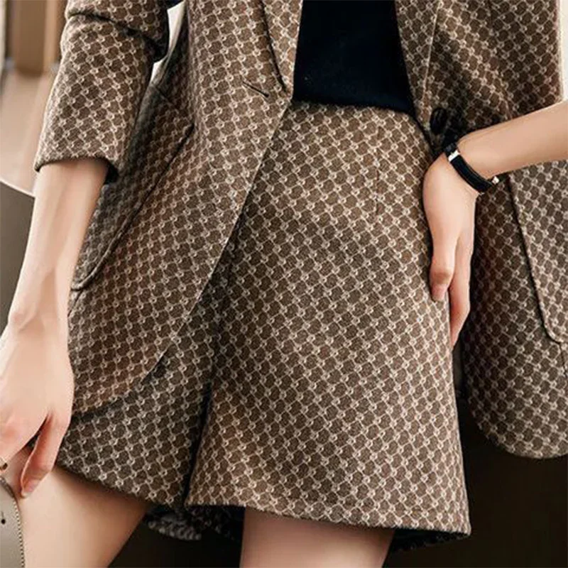 Autumn Winter Women's Elegant Fashion Printed Slim Blazers High Waist Shorts Set Ladies Long Sleeve Casual Coat Short Pants Suit thumbnail 5