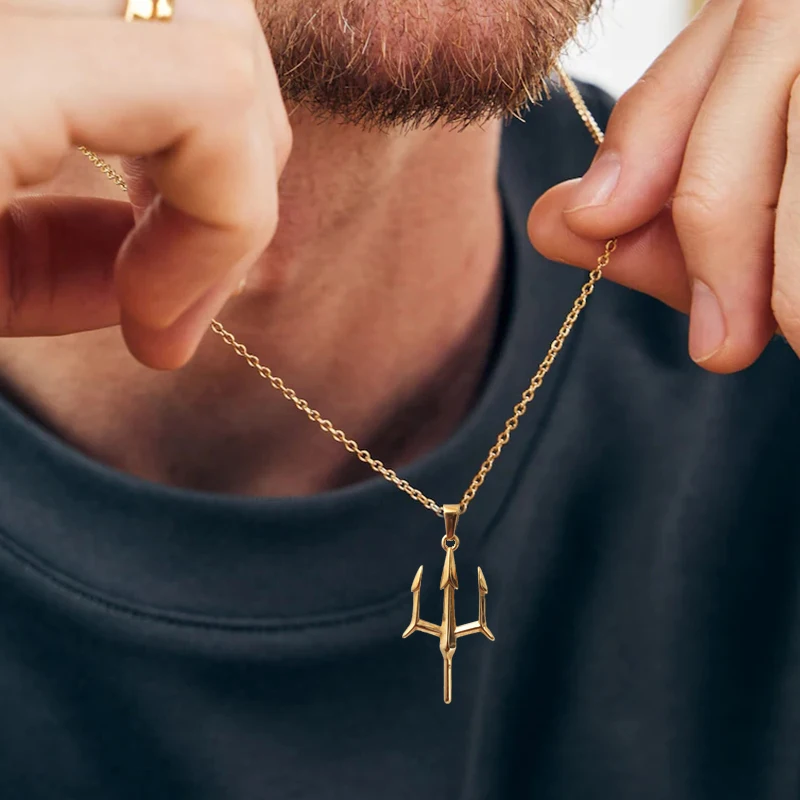 Poseidon Trident Necklace Stainless Steel 18K Gold Plated Aquaman Greek Mythology Pendant Jewelry Gift for Men thumbnail 6