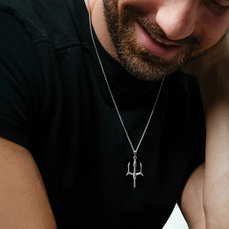 Poseidon Trident Necklace Stainless Steel 18K Gold Plated Aquaman Greek Mythology Pendant Jewelry Gift for Men thumbnail 5