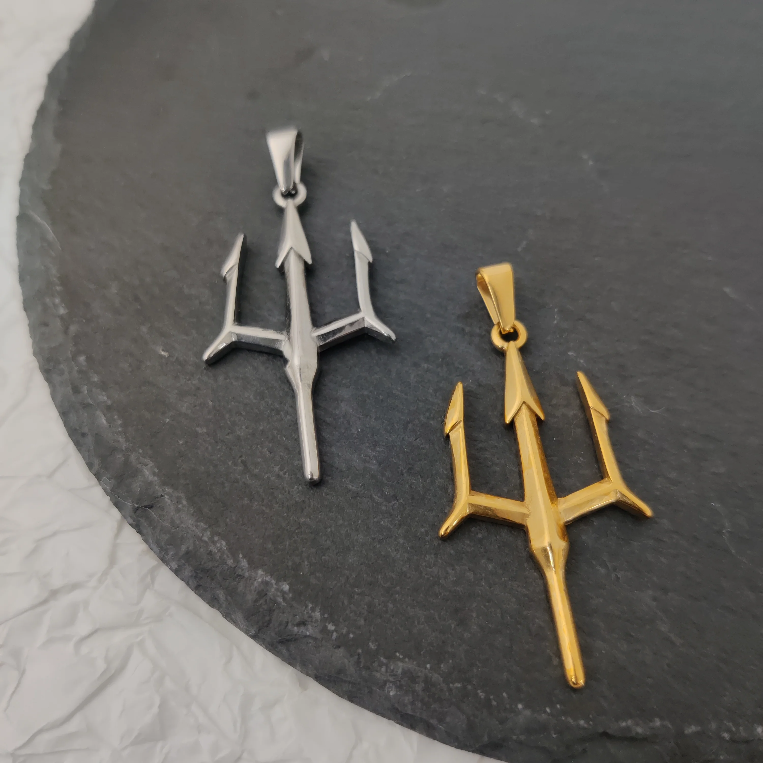 Poseidon Trident Necklace Stainless Steel 18K Gold Plated Aquaman Greek Mythology Pendant Jewelry Gift for Men thumbnail 2