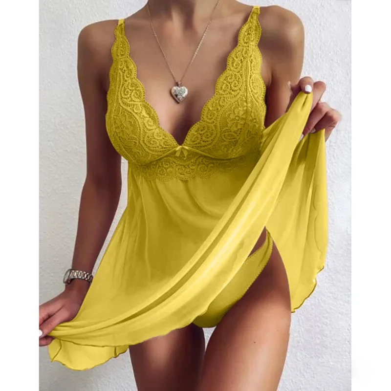 Naughty Sleepwear For Women Sexy Lingerie Lace Low V Chest Transparent Chemise Casual Loungewear Exposed Underwear Erotic Thong thumbnail 4