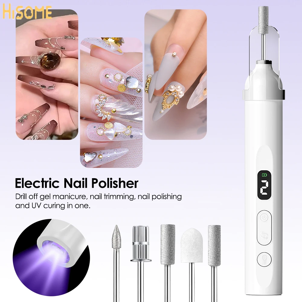 Electric Nail Polisher Drill with UV Lamp LED Lighted Nails Grinding Polishing Dead Skin Removal Manicure Pedicure Set for Epoxy