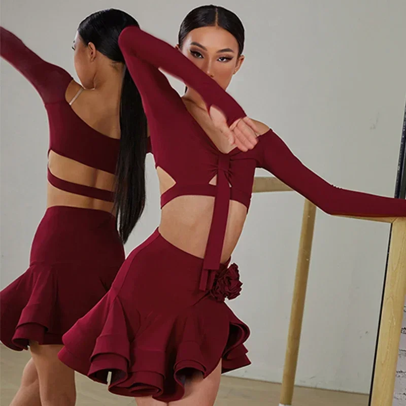 Kids Latin Dance Clothes for Girls Long SLeeves Short Top Skirt Rumba Samba Performance Competition Dress Burgundy Dress Suit thumbnail 3