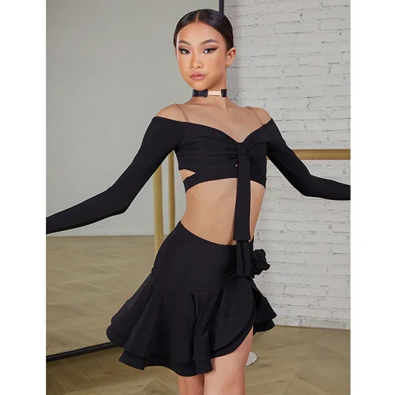 Kids Latin Dance Clothes for Girls Long SLeeves Short Top Skirt Rumba Samba Performance Competition Dress Burgundy Dress Suit thumbnail 5