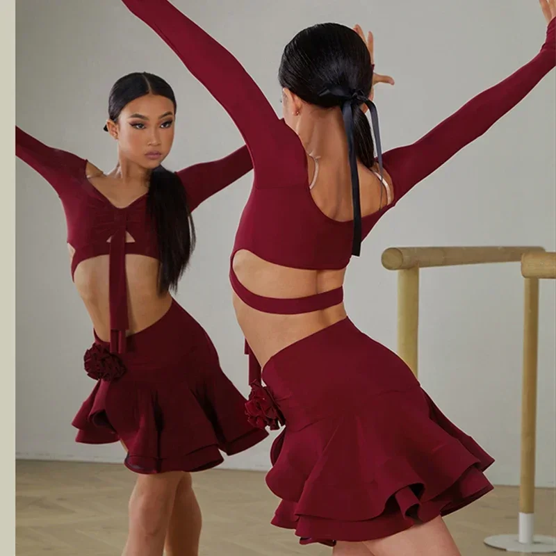 Kids Latin Dance Clothes for Girls Long SLeeves Short Top Skirt Rumba Samba Performance Competition Dress Burgundy Dress Suit thumbnail 4