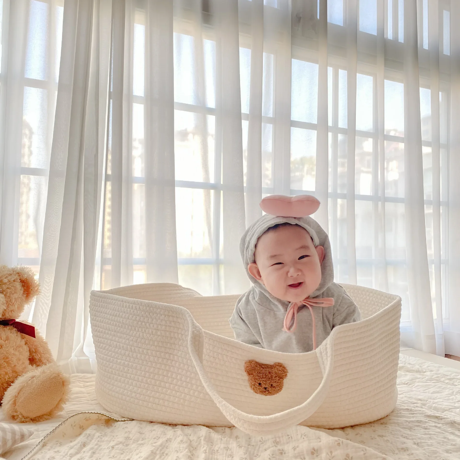 Ins Newborn Hand Basket Cotton Rope Woven Crib Baby Cradle Portable Outdoor Sleeping Infant Accessories Photography Props Gifts thumbnail 4