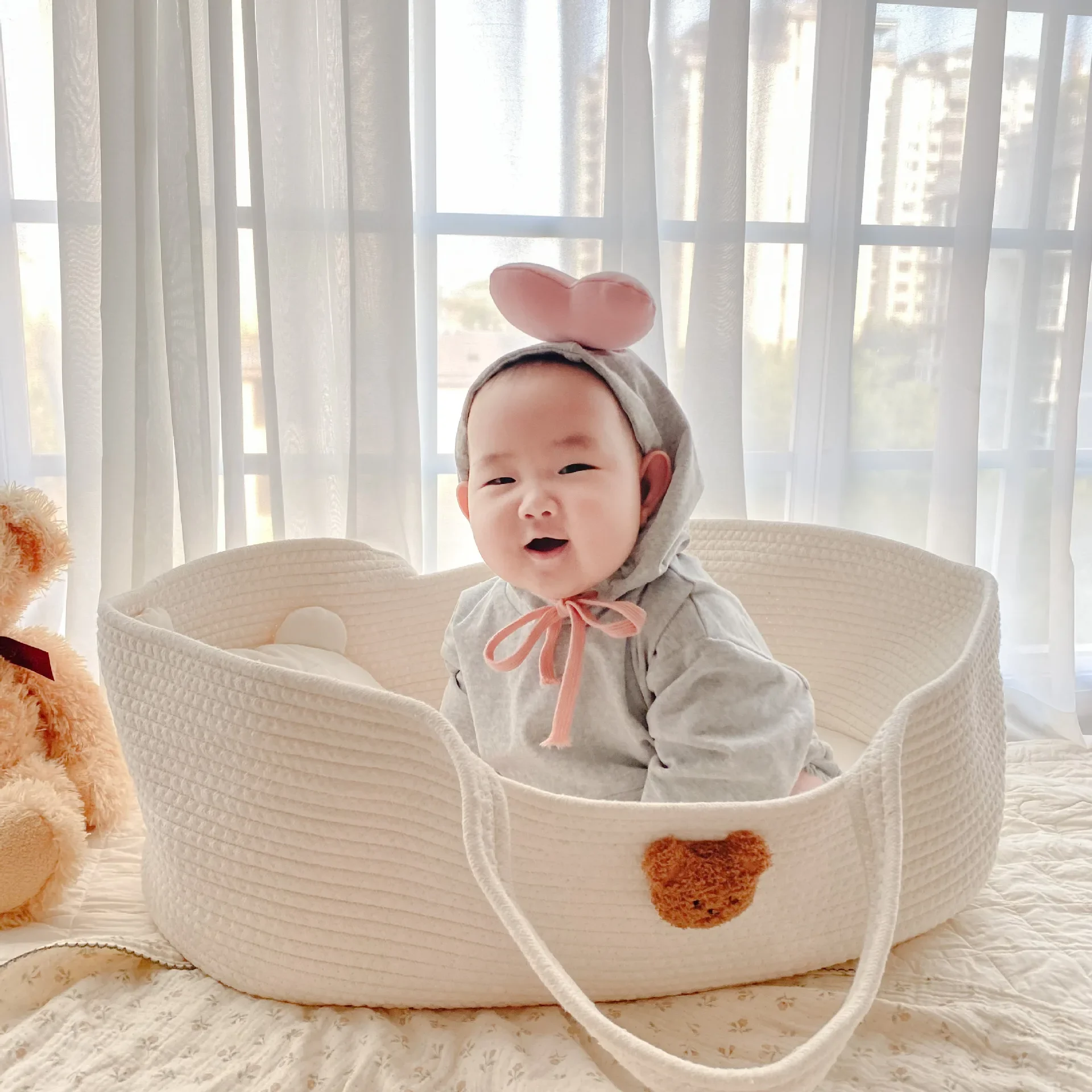 Ins Newborn Hand Basket Cotton Rope Woven Crib Baby Cradle Portable Outdoor Sleeping Infant Accessories Photography Props Gifts thumbnail 2