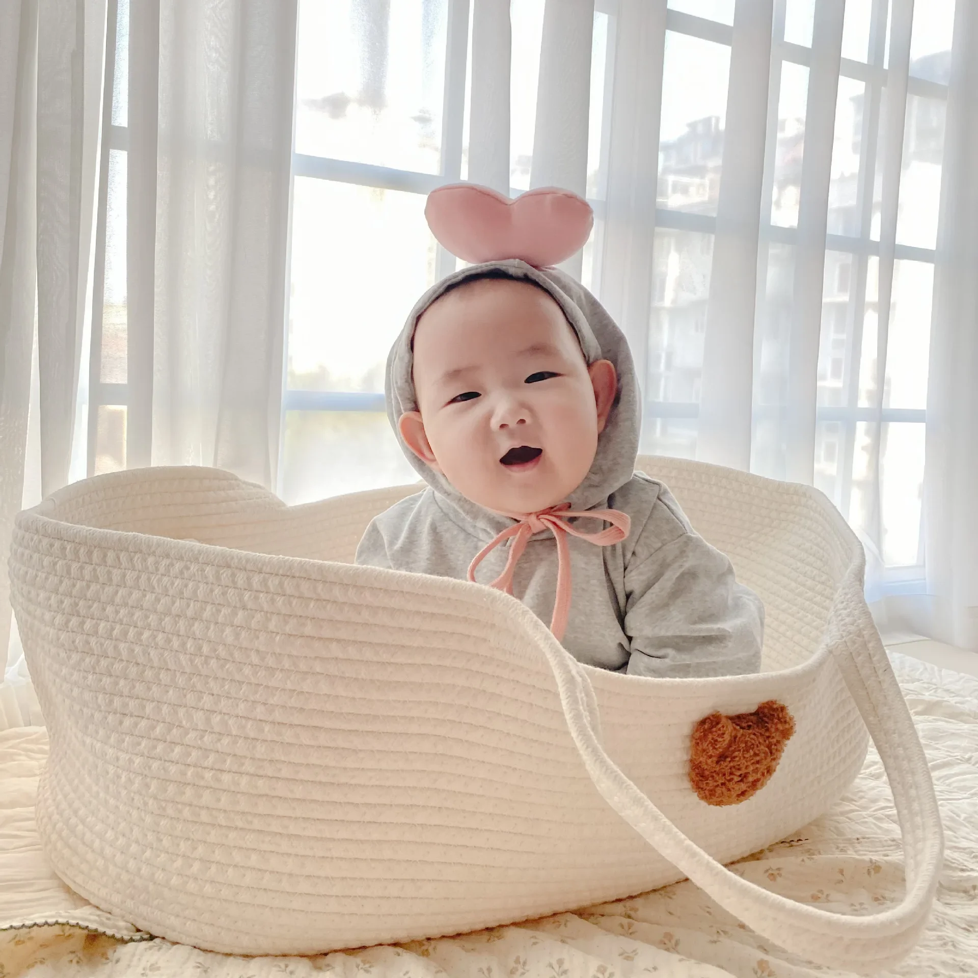 Ins Newborn Hand Basket Cotton Rope Woven Crib Baby Cradle Portable Outdoor Sleeping Infant Accessories Photography Props Gifts thumbnail 3