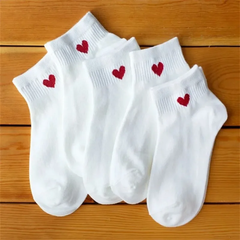 5 Pairs Black White Ankle Socks Women Spring Summer Low Tube Cotton Boat Socks Cute "Love Heart"  College JK Girls Socks thumbnail 2