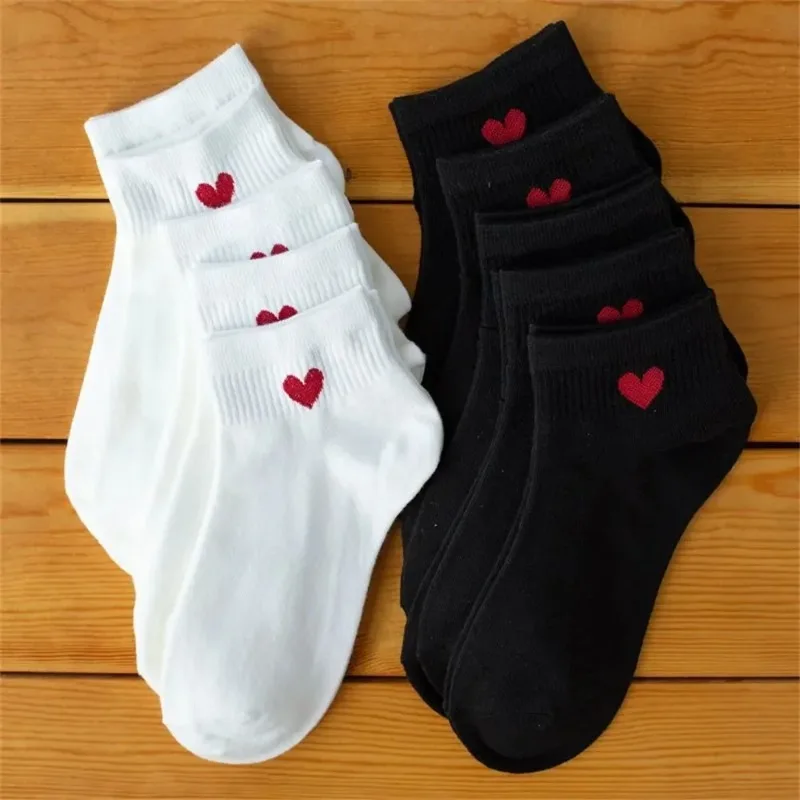 5 Pairs Black White Ankle Socks Women Spring Summer Low Tube Cotton Boat Socks Cute "Love Heart"  College JK Girls Socks