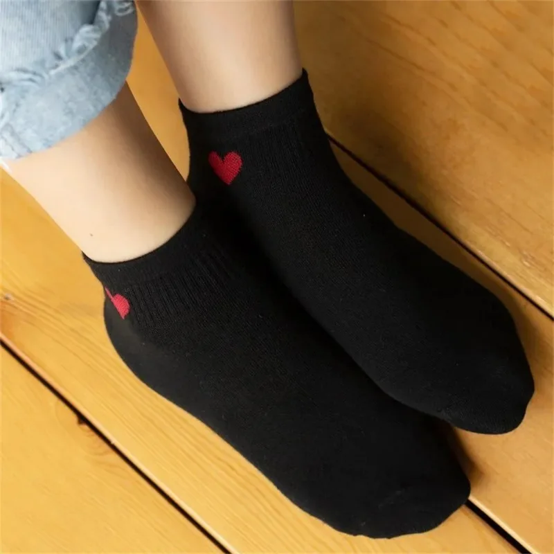 5 Pairs Black White Ankle Socks Women Spring Summer Low Tube Cotton Boat Socks Cute "Love Heart"  College JK Girls Socks thumbnail 3