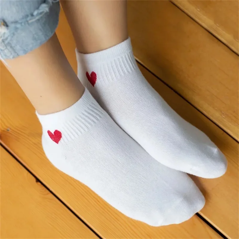 5 Pairs Black White Ankle Socks Women Spring Summer Low Tube Cotton Boat Socks Cute "Love Heart"  College JK Girls Socks thumbnail 4