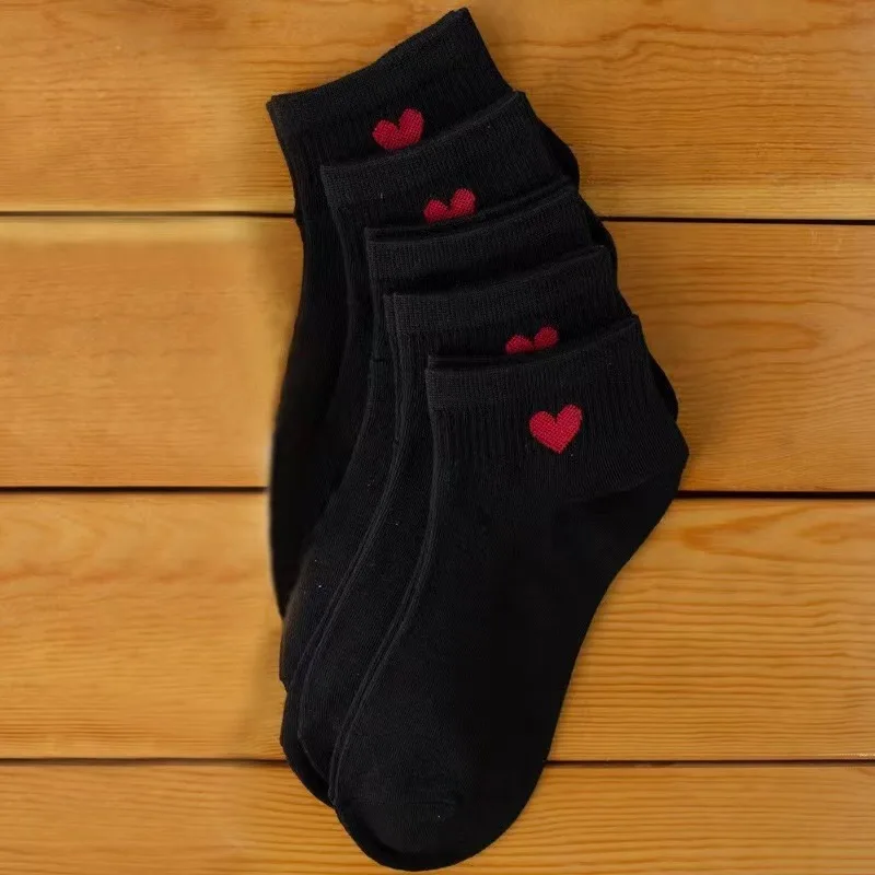 5 Pairs Black White Ankle Socks Women Spring Summer Low Tube Cotton Boat Socks Cute "Love Heart"  College JK Girls Socks thumbnail 6