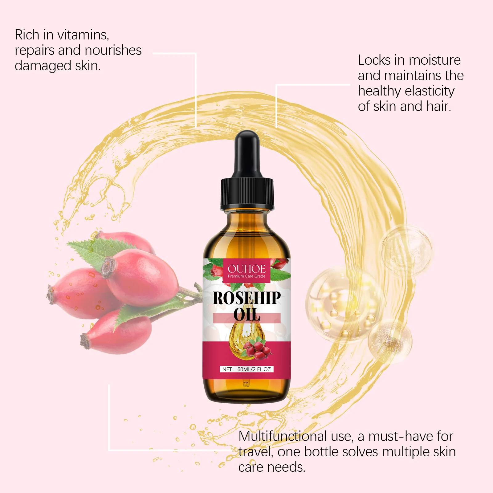 Organic Rosehip Oil Antioxidant Improve Fine Lines Wrinkles Firming Lifting Repair Moisturizer Nourish Smooth Hair Skin Care Oil thumbnail 2