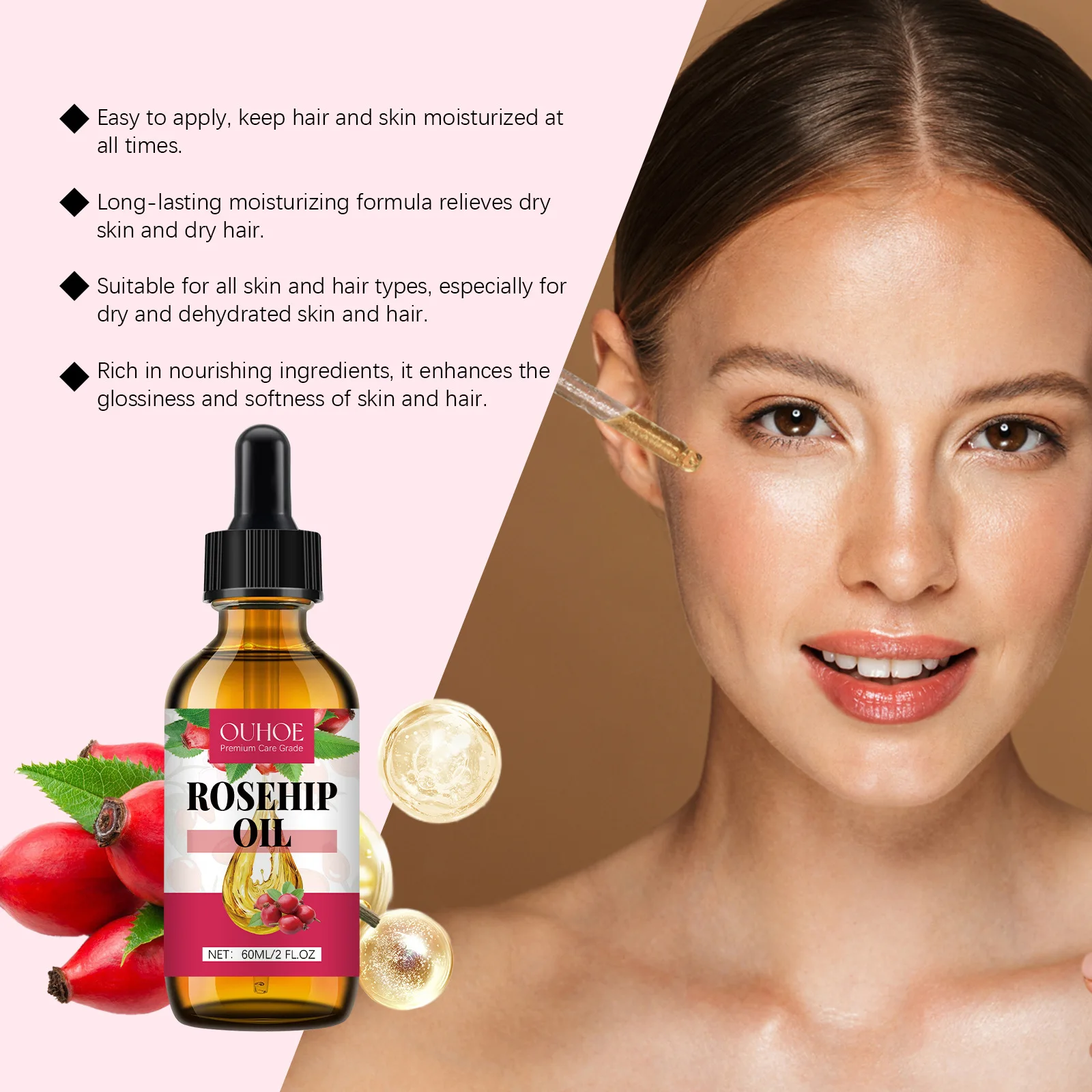 Organic Rosehip Oil Antioxidant Improve Fine Lines Wrinkles Firming Lifting Repair Moisturizer Nourish Smooth Hair Skin Care Oil thumbnail 4