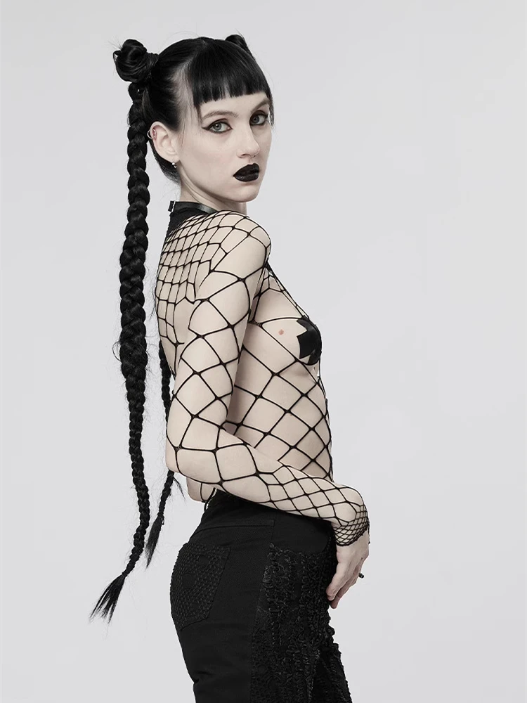 Gothic Hollow Out Sexy Bodysuits Y2K Fashion Girls Patchwork Tops Women Grunge Fishnet High Cut Slim Bodysuit Streetwear thumbnail 3