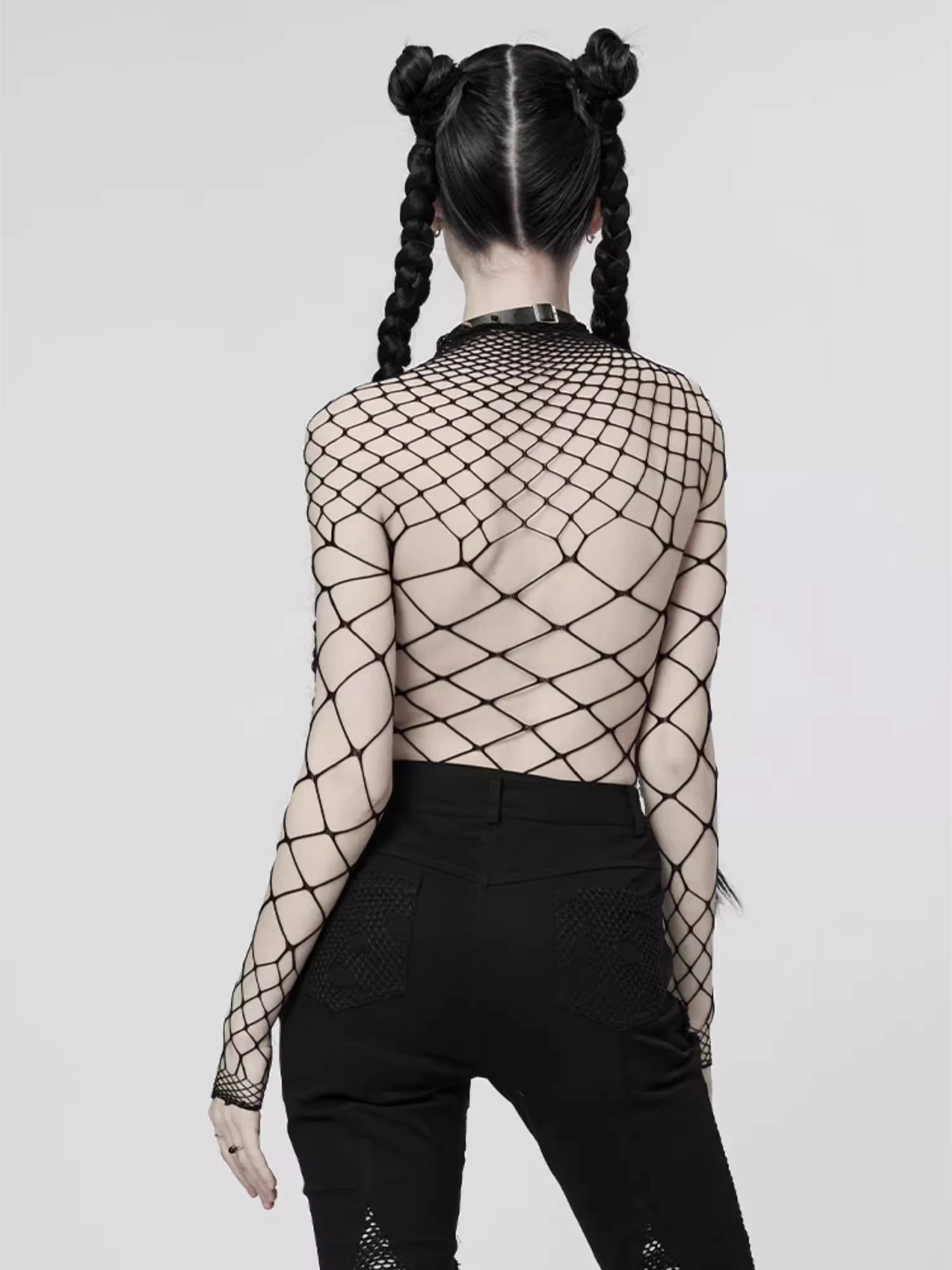 Gothic Hollow Out Sexy Bodysuits Y2K Fashion Girls Patchwork Tops Women Grunge Fishnet High Cut Slim Bodysuit Streetwear thumbnail 4
