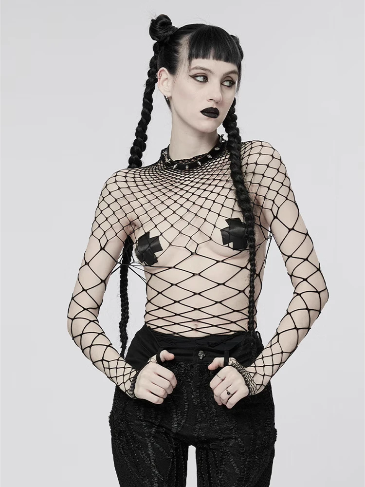 Gothic Hollow Out Sexy Bodysuits Y2K Fashion Girls Patchwork Tops Women Grunge Fishnet High Cut Slim Bodysuit Streetwear thumbnail 2