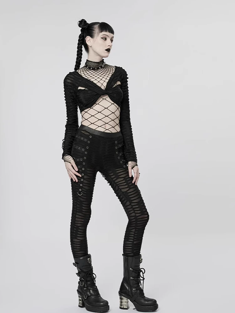 Gothic Hollow Out Sexy Bodysuits Y2K Fashion Girls Patchwork Tops Women Grunge Fishnet High Cut Slim Bodysuit Streetwear thumbnail 6